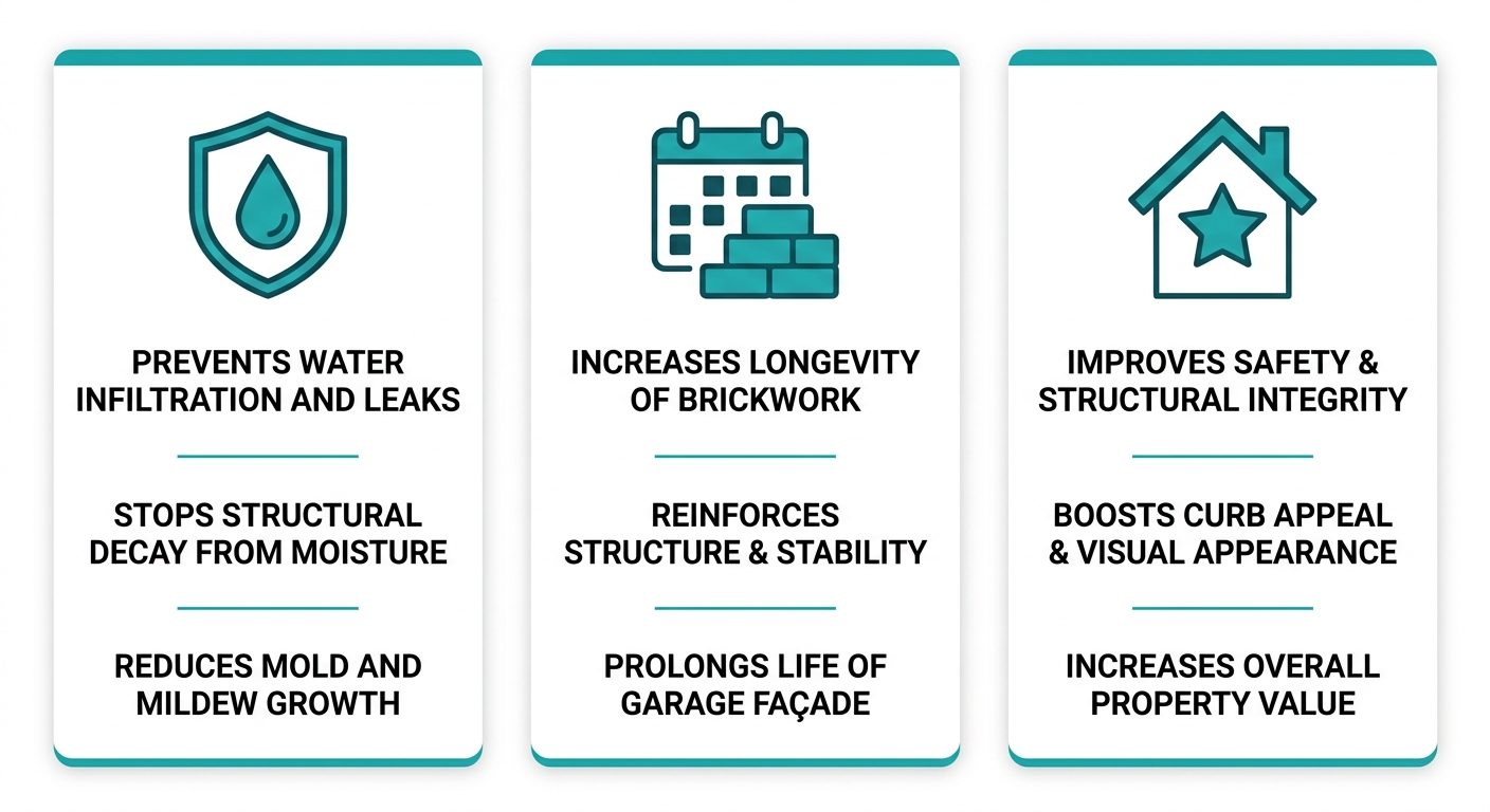 Three-column infographic highlighting key benefits of tuckpointing a brick garage