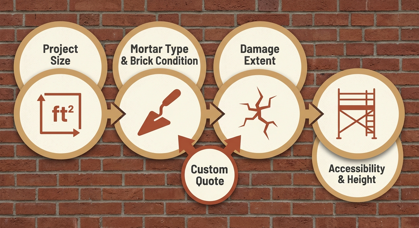 Infographic showing four key factors that influence tuckpointing cost: project size, mortar type and brick condition, damage extent, and accessibility and height, with arrows leading to a custom quote callout.