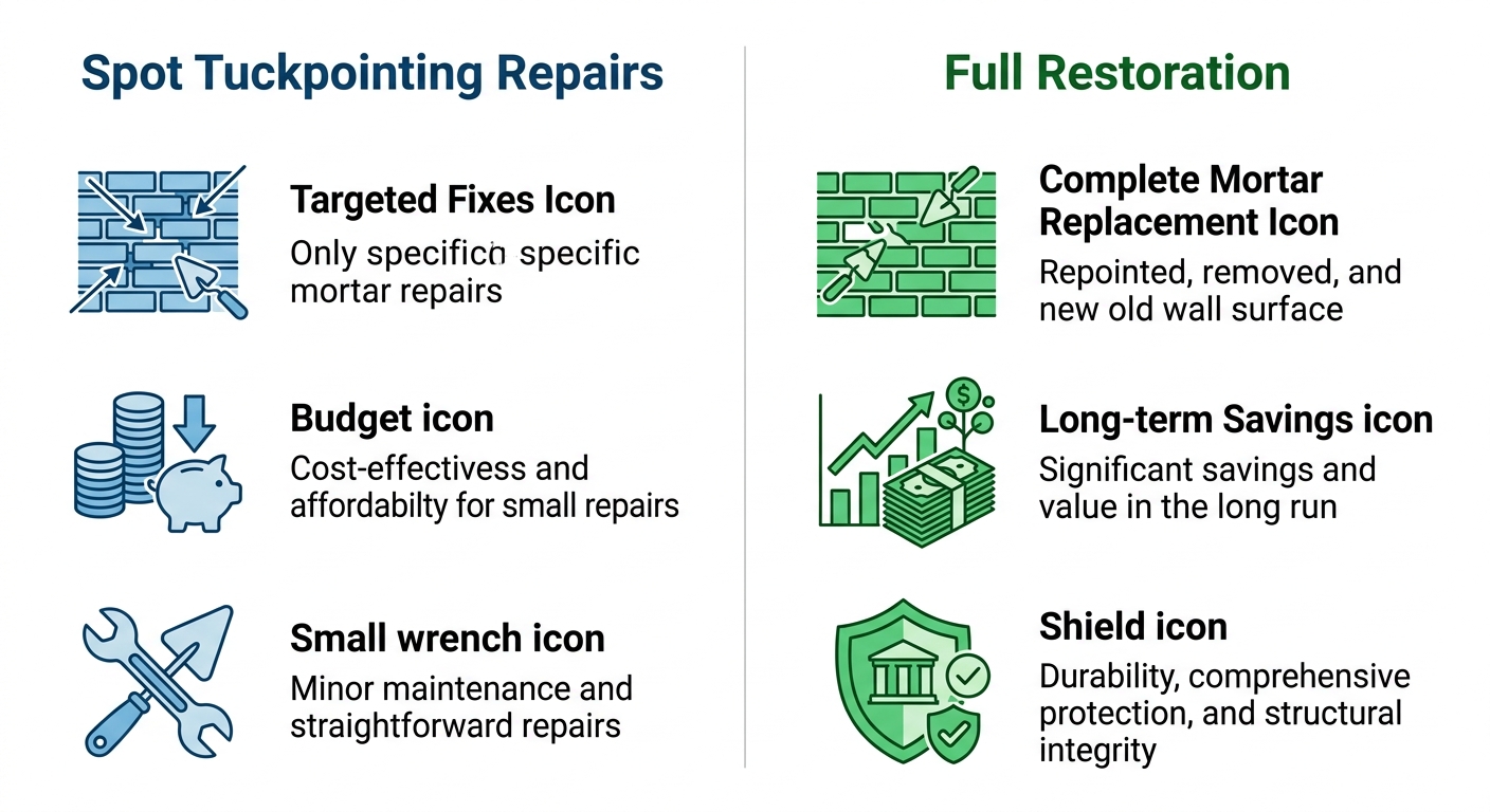 Comparison table of spot tuckpointing repairs versus full restoration with color-coded columns and simple icons