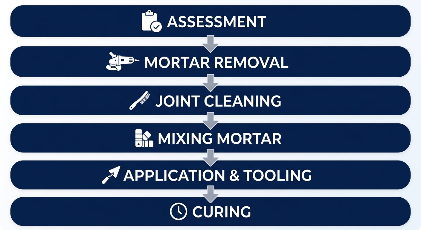 Vertical flow chart of 6 tuckpointing steps for porch brick repair: Assessment, Mortar Removal, Joint Cleaning, Color Matching, Application & Tooling, Curing