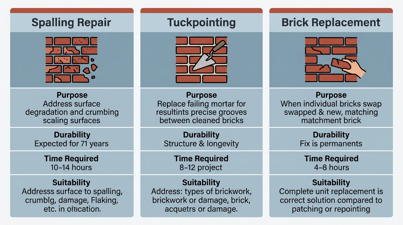 Comparison infographic showing Spalling Repair, Tuckpointing, and Brick Replacement techniques with rows for Purpose, Durability, Time Required, and Suitability.