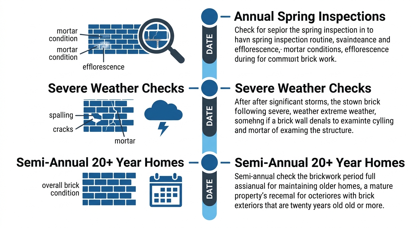 Brickwork inspection schedule timeline with seasonal markers for annual spring inspections, severe weather checks, and semi-annual inspections for homes over 20 years old