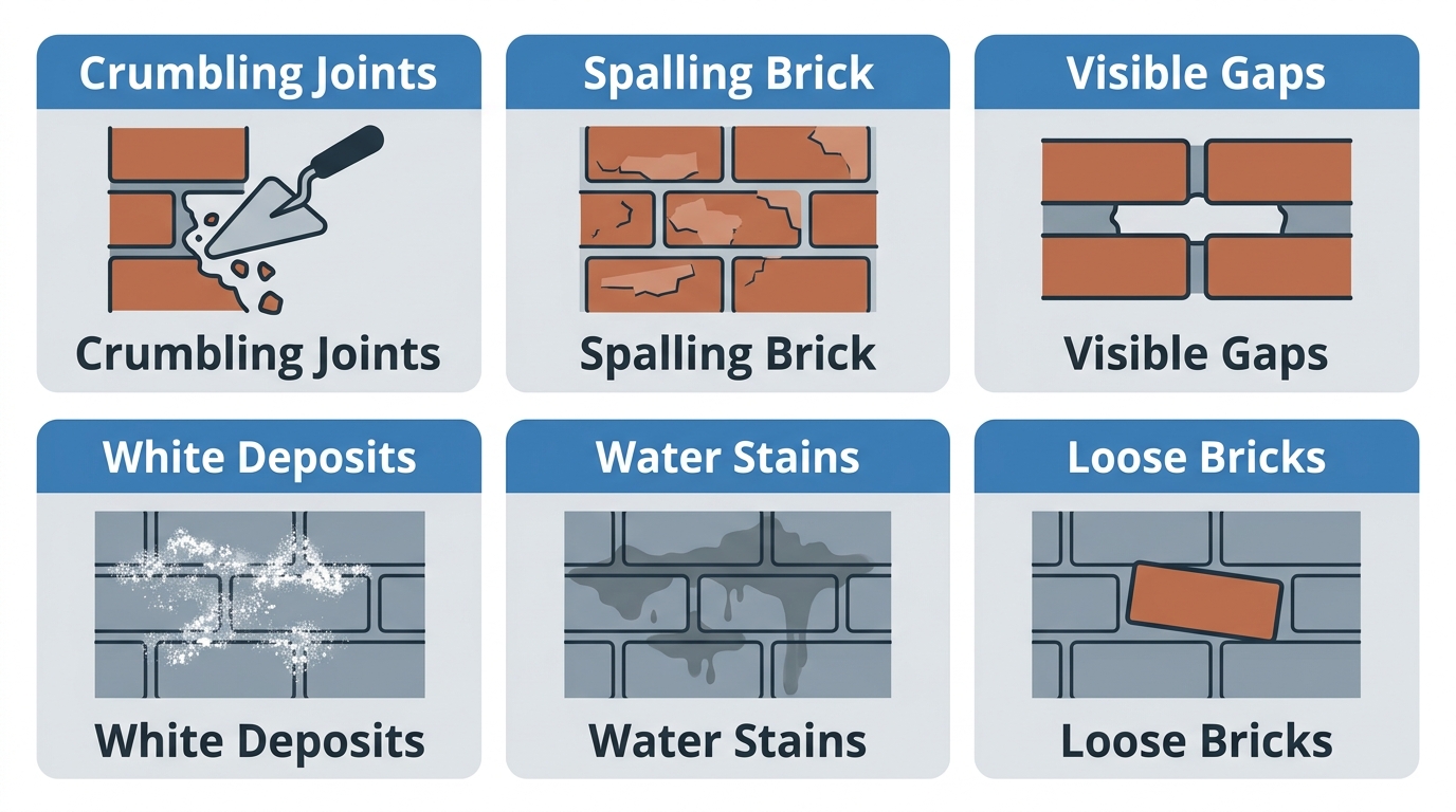 Infographic showing six warning signs requiring tuckpointing with icons and labels