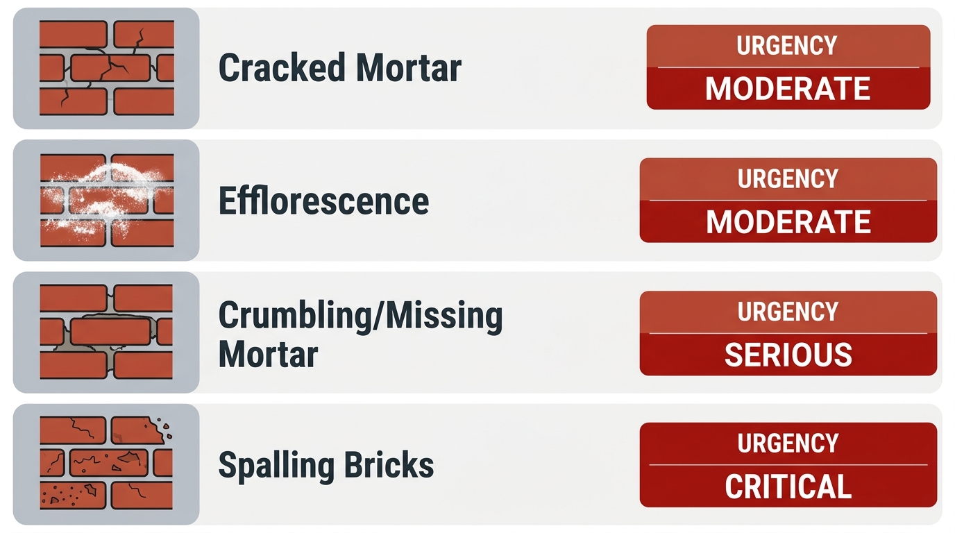 Infographic of four signs needing tuckpointing: cracked mortar, white powder, crumbling mortar, spalling bricks, each with cause, urgency, and action.