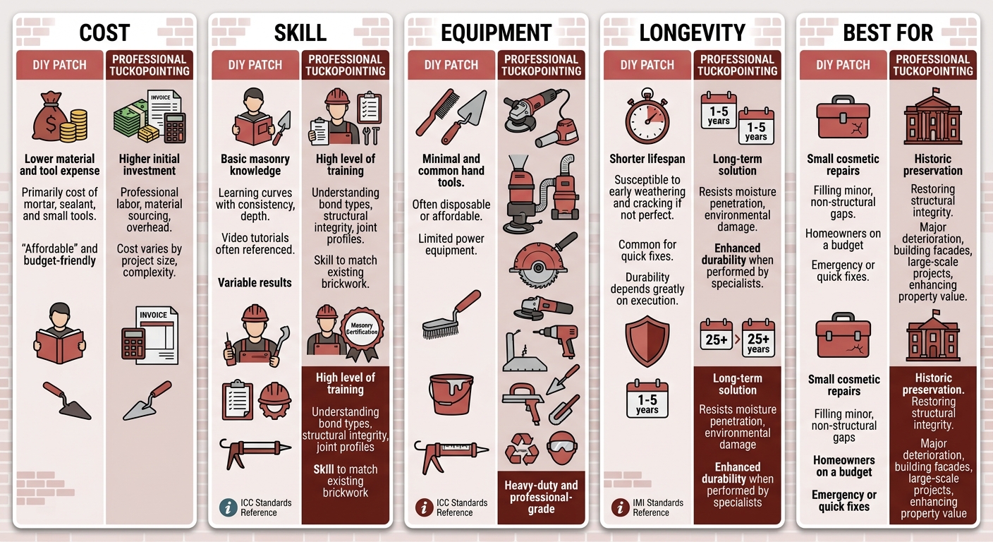 Side-by-side comparison infographic of DIY brick repair versus professional tuckpointing, highlighting cost, skill, equipment, longevity, and suitability