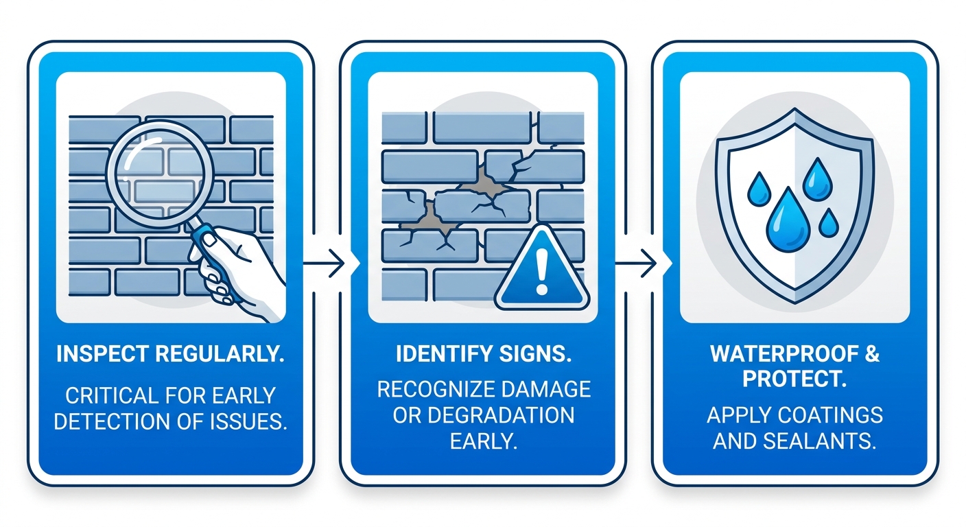 Three-step process for extending tuckpointing life: inspect regularly, identify signs, waterproof and protect.