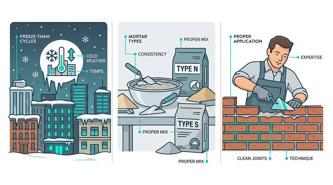 Three-panel infographic showing freeze-thaw climate icon, Type N and Type S mortar types with trowel, and a mason tuckpointing brick joints, using teal accents on a white background