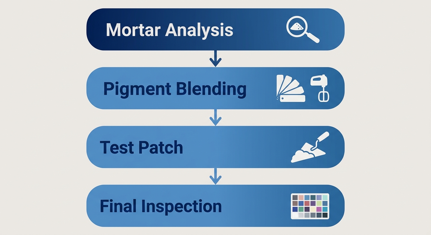 Vertical process flow diagram showing historic mortar color matching through four connected stages: mortar analysis, custom pigment blending, on-site test patch application, and final inspection.