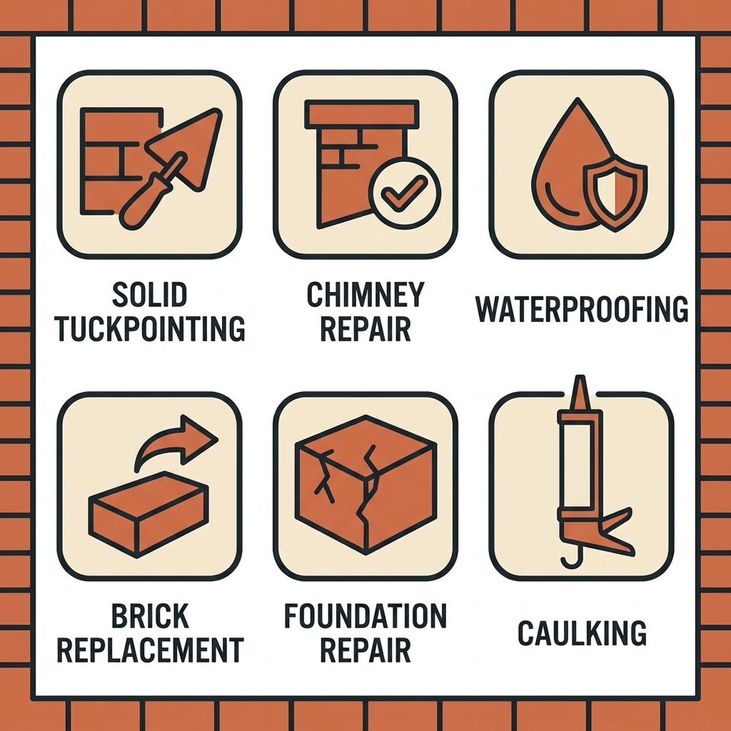 Icon set of masonry services including tuckpointing, chimney repair, waterproofing, brick replacement, foundation repair, and caulking.
