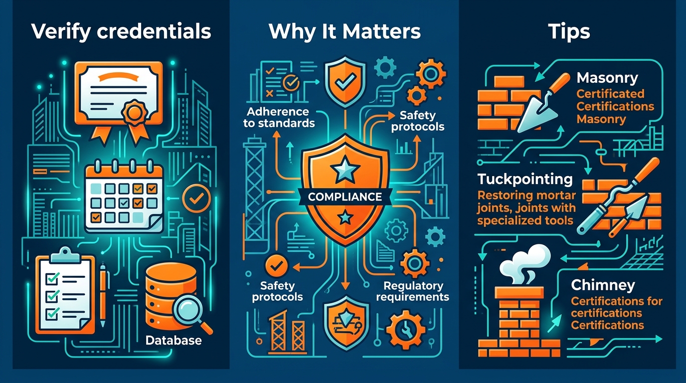 Horizontal infographic with three panels: Verify credentials with certificate, calendar, checklist, and database icons; Why It Matters with compliance and standards; Tips for masonry, tuckpointing, and chimney certifications. Blue, teal, orange design.