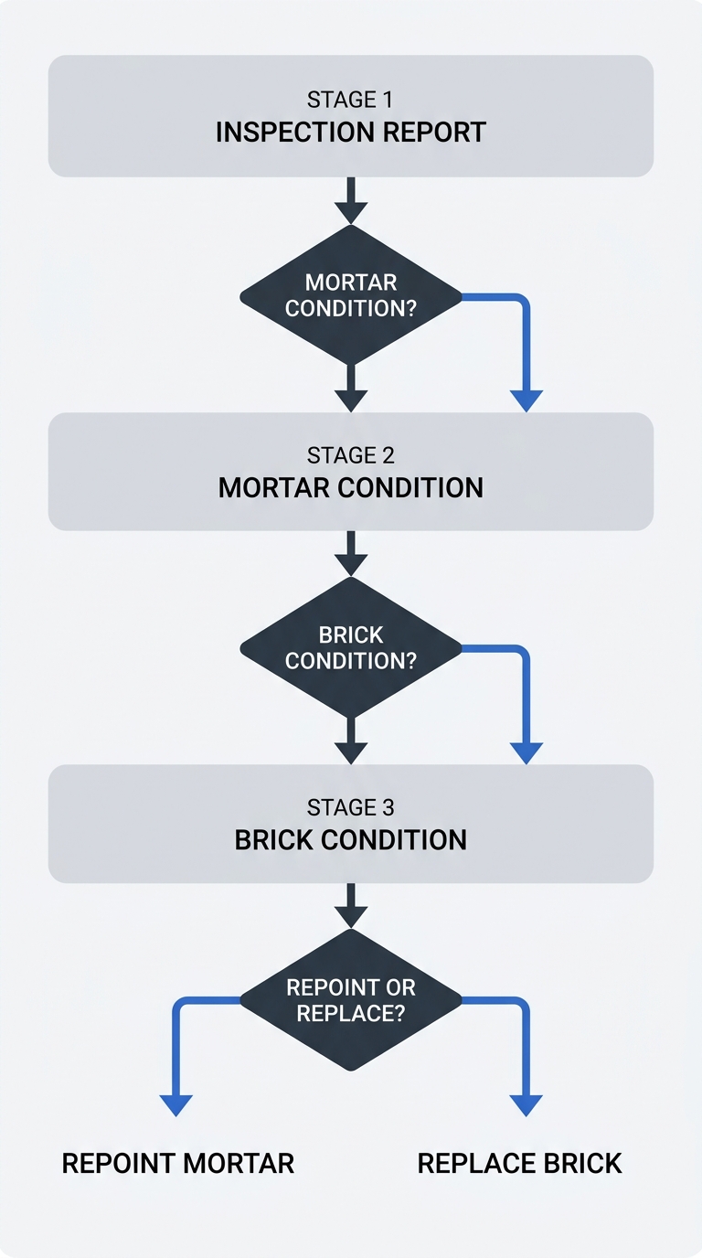 Vertical decision flowchart showing the process from inspection to repair: mortar condition assessment, brick condition assessment, and decisions to repoint or replace.