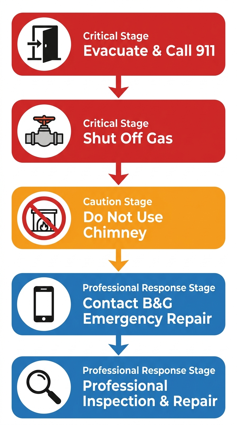 Emergency chimney repair process flow showing five steps from evacuation to professional inspection