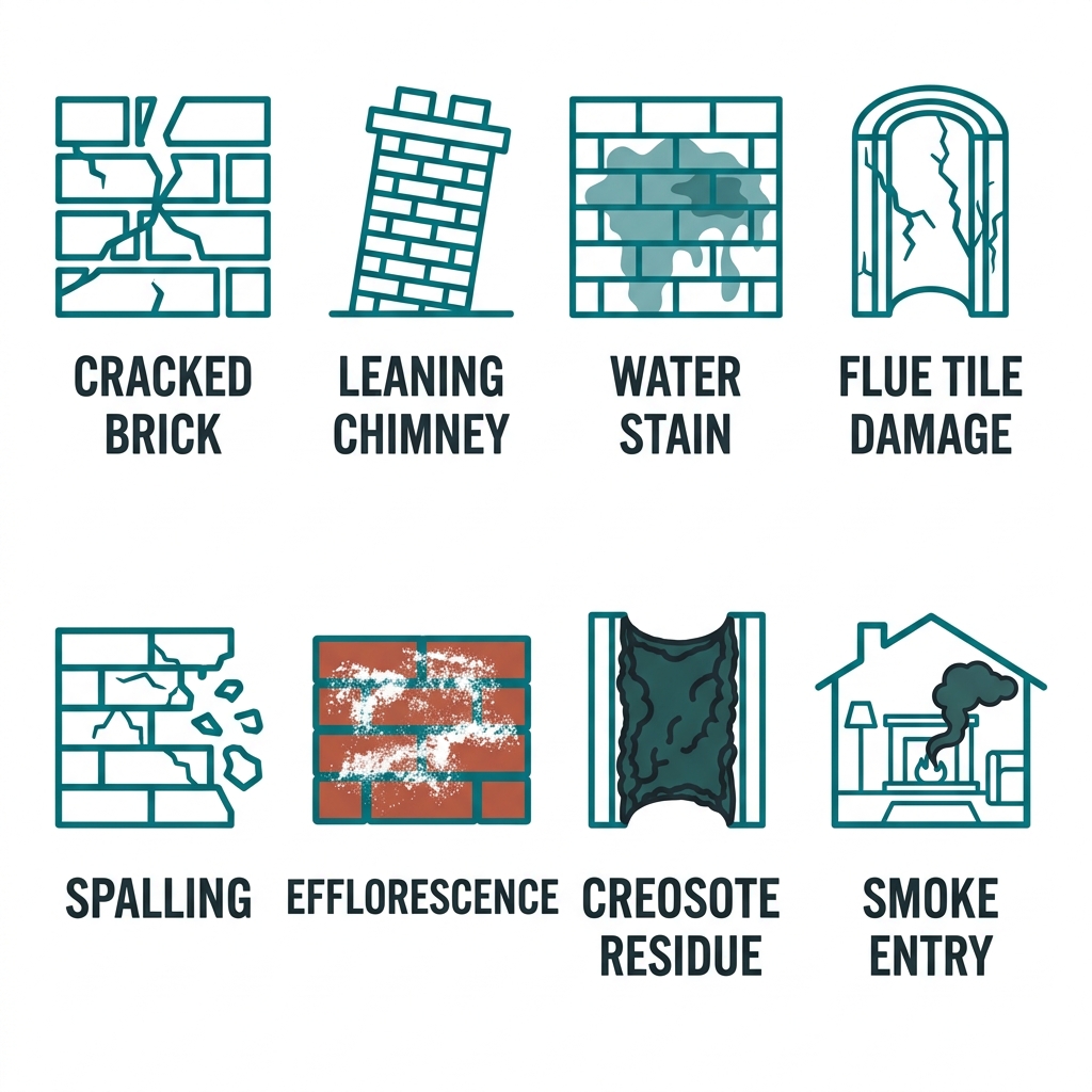Grid of 8 outlined icons for chimney warning signs including cracked bricks, leaning chimneys, water stains, flue tile damage, spalling, efflorescence, creosote residue, and smoke entering home, each labeled in dark grey text.