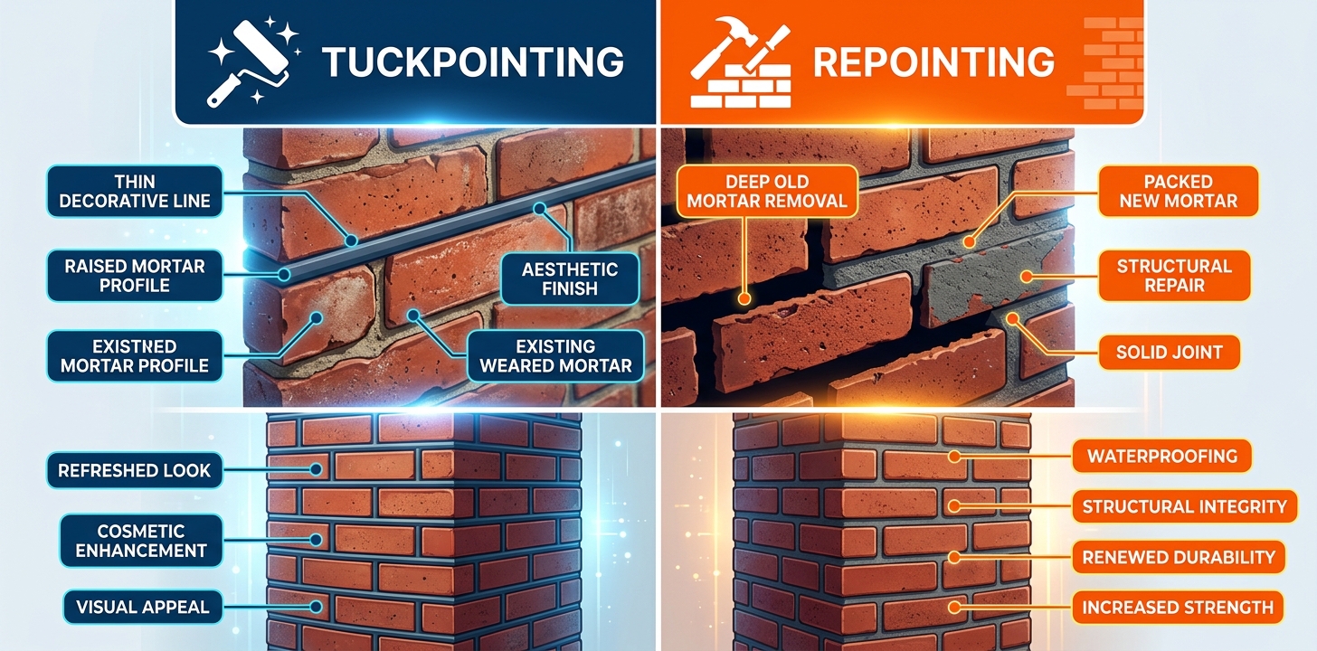 Side-by-side comparison of tuckpointing vs repointing techniques for residential mortar joint repair