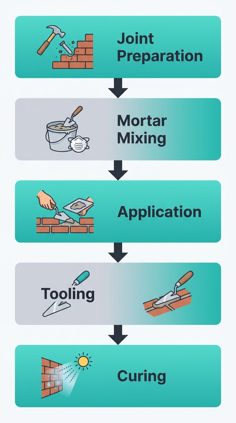 Diagram of the tuckpointing process with five steps displayed vertically, using icons and arrows to guide the viewer through joint preparation, mortar mixing, application, tooling, and curing.