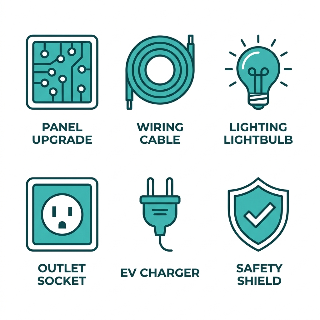 A flat-design icon grid showcasing six Santa Barbara residential electrical services from Blue Moon Electrical: panel upgrade, wiring, lighting, outlets, EV charger, and safety protection.