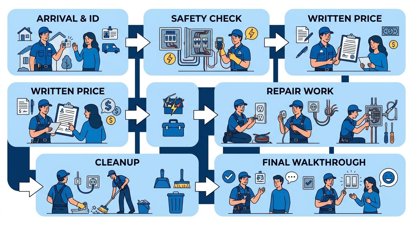 Vertical process flow diagram showing six steps of the electrician arrival process: Arrival and ID verification, Safety assessment, Upfront written pricing presentation, Efficient repair work, Cleanup, Final walkthrough and satisfaction check. Each step in a blue rounded rectangle connected by downward arrows. Clean, professional aesthetic.