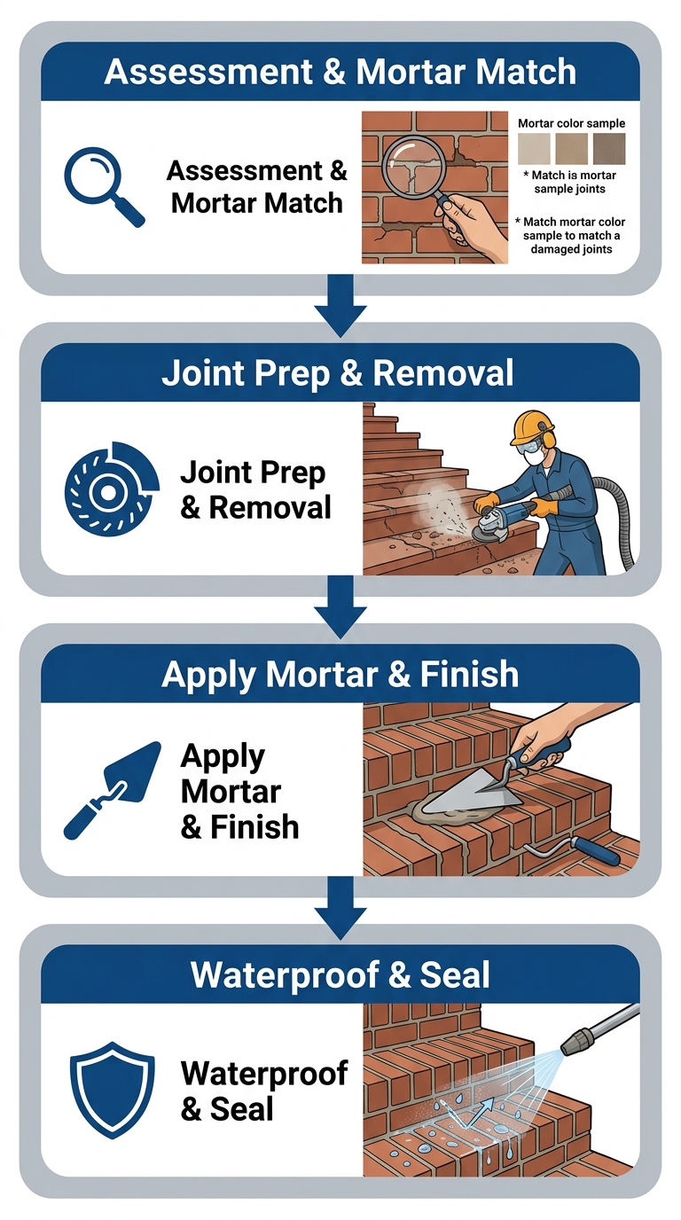 Vertical process flow diagram showing four stages of brick stair repair: assessment, mortar removal, new mortar application, and waterproofing.
