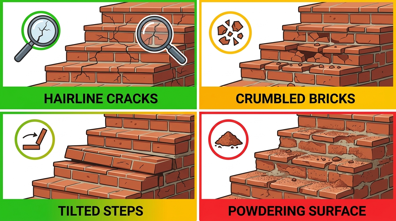 Infographic showing four common brick stair damage types with severity ratings.