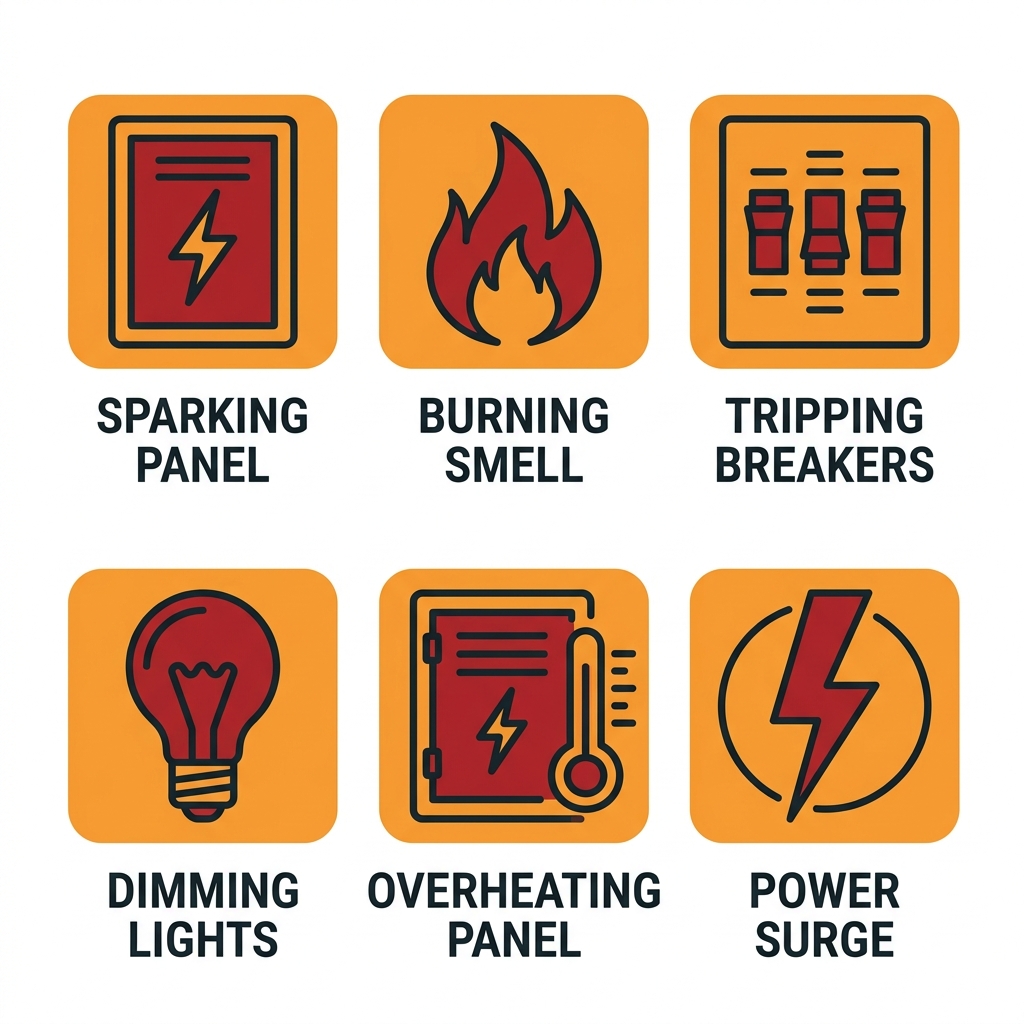 Icon set of six common electrical panel emergencies for quick visual reference