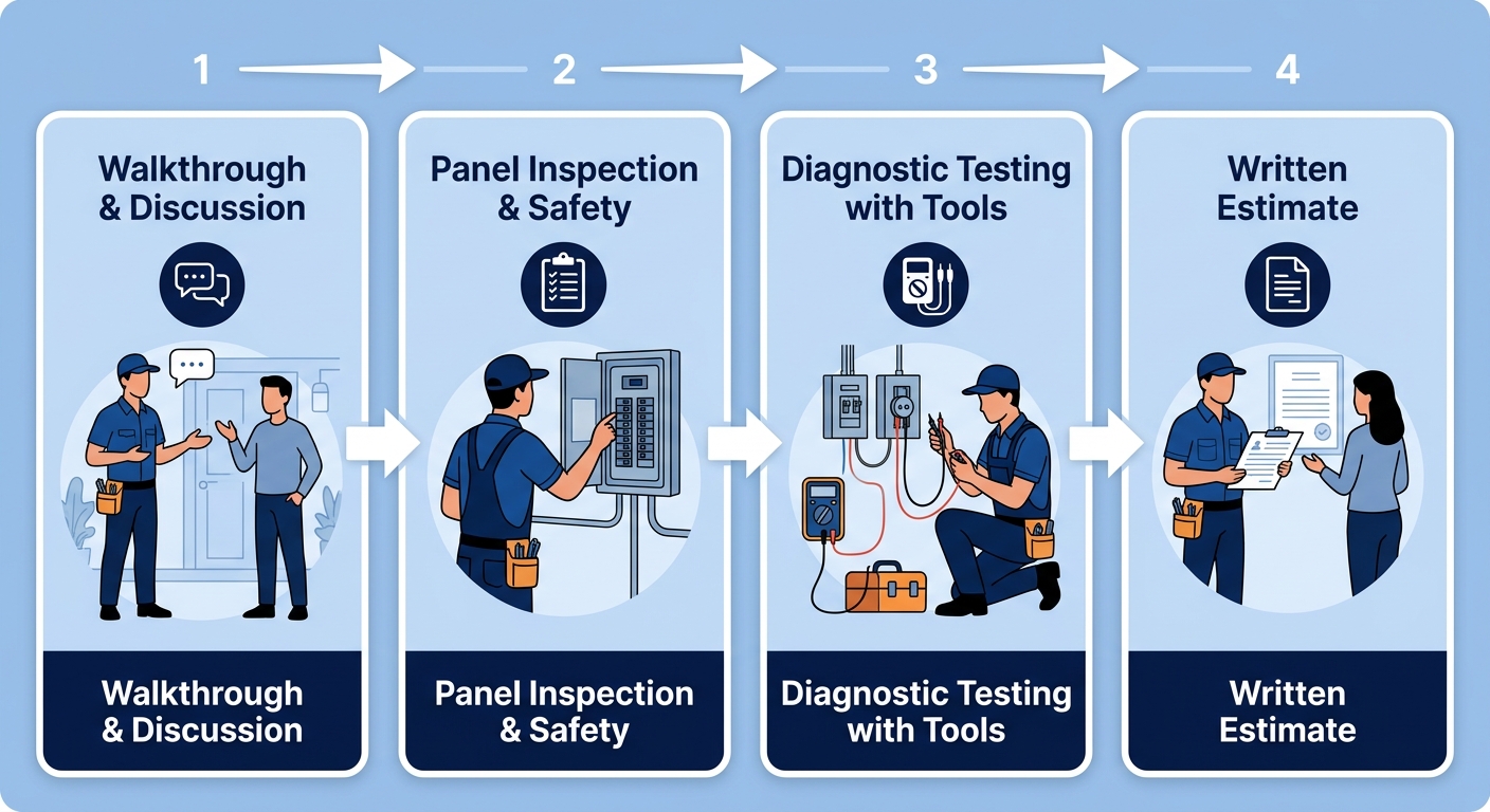 Horizontal process flow showing 4 diagnostic steps an electrician takes at a Goleta home: Walkthrough & Symptom Discussion, Panel Inspection & Safety Check, Diagnostic Testing with Tools, and Plain-English Explanation & Written Estimate.