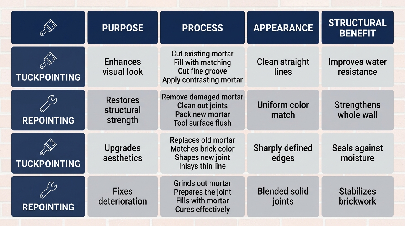 Comparison infographic between tuckpointing and repointing: purpose, process, appearance, structural benefit.