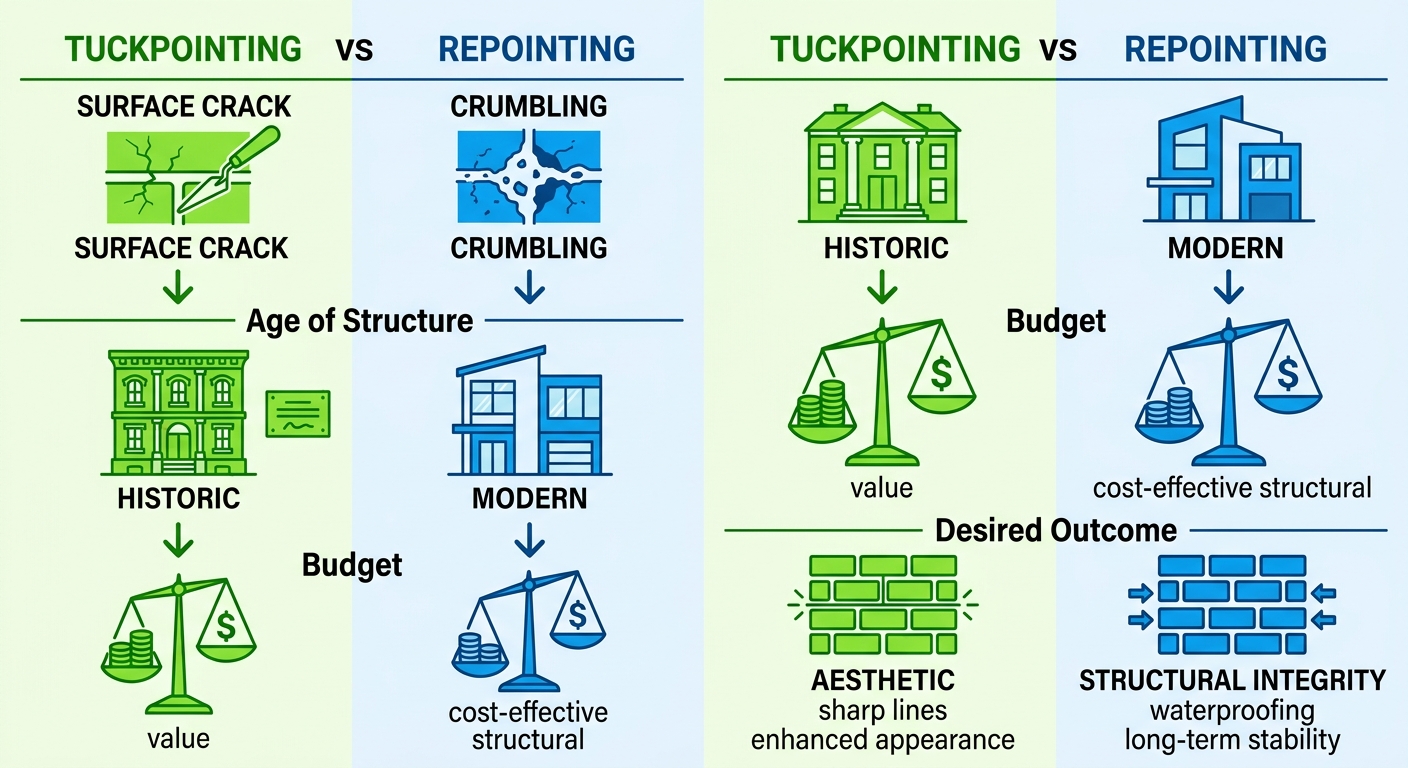 Comparison infographic guiding when to choose tuckpointing vs repointing based on damage level, age, budget, and desired outcome.