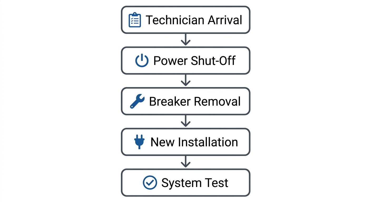 Five-step vertical process flow for electrical breaker service showing technician arrival, safety inspection, power shut-off, breaker removal, replacement, and testing.