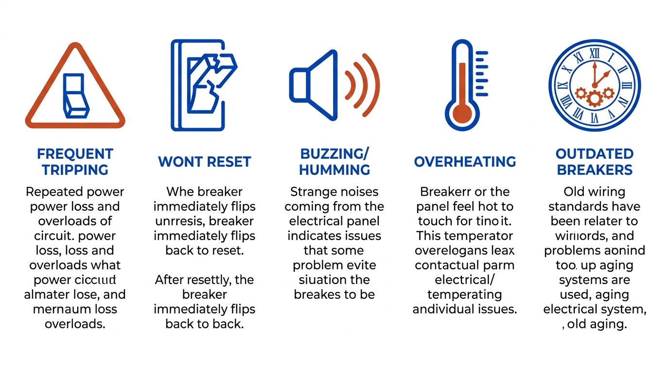 Comparison of five circuit breaker issues including frequent tripping, breaker failure to reset, buzzing sounds, overheating, and outdated breakers.