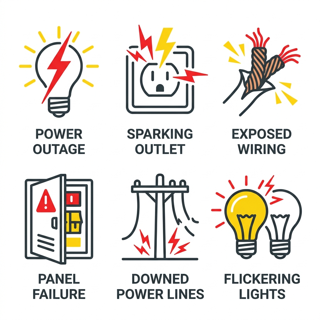 Emergency electrical icon set showing power outage, sparking outlet, exposed wiring, panel failure, downed power lines, and flickering lights in a 2x3 grid layout.