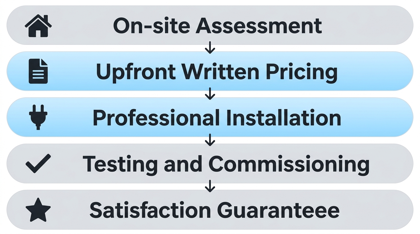 Five-stage vertical process for EV charger installation: On-site Assessment, Upfront Written Pricing, Professional Installation, Testing and Commissioning, Satisfaction Guarantee.