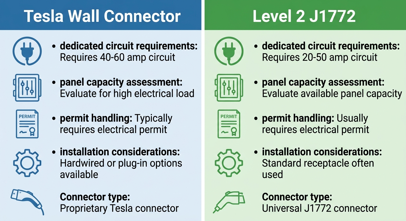 Comparison of Tesla Wall Connector and Level 2 J1772 charger with icons for plug, circuit panel, permit, and installation gear