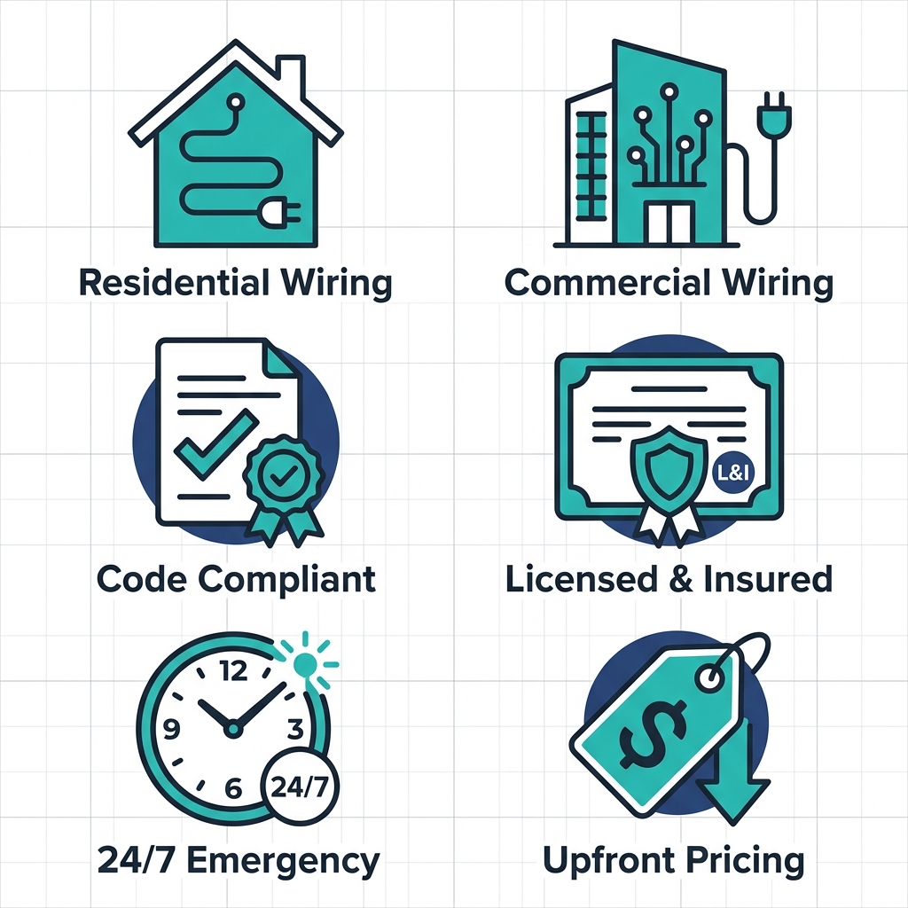 Icon set for Blue Moon Electrical services: six icons in teal and navy showing residential wiring, commercial wiring, code compliance, licensed and insured badge, emergency power, and upfront pricing