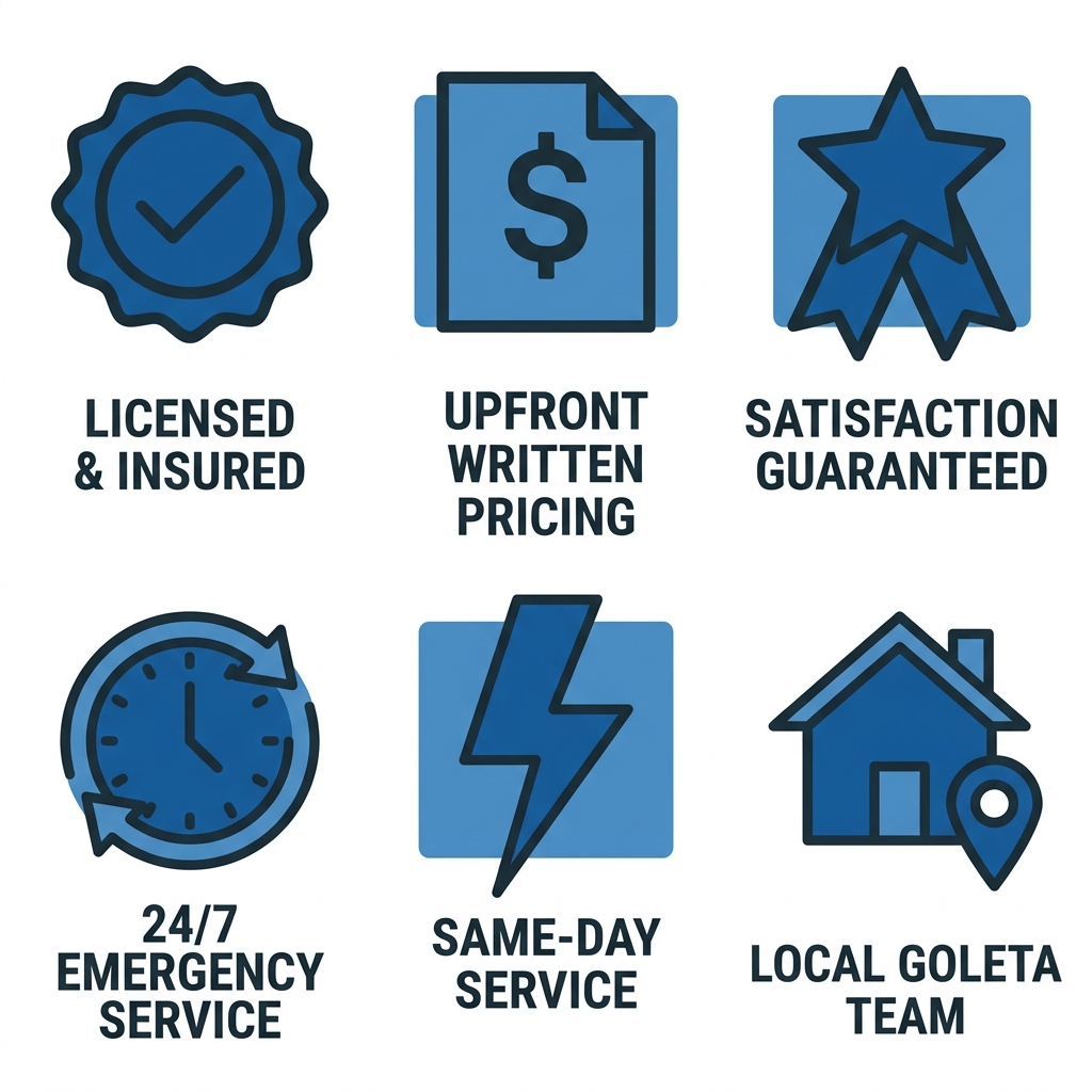 Six service guarantee icons: badge for licensed and insured, document with dollar sign for upfront written pricing, star for satisfaction guaranteed, clock for 24/7 emergency service, lightning bolt for same-day service, and house pin for local Goleta team