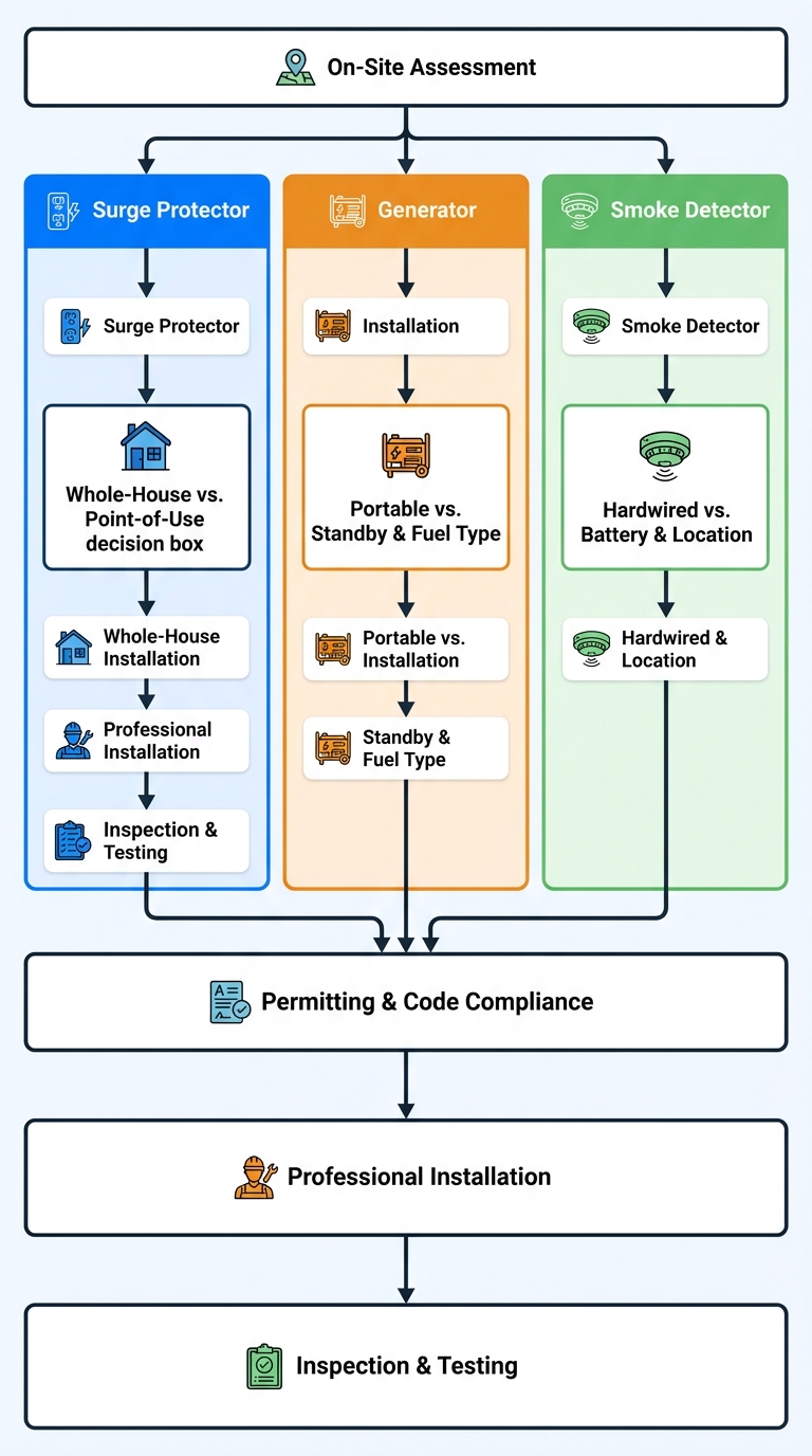 Electrical installation process flow diagram showing key stages and decision paths for surge protectors, generators, and smoke detectors.