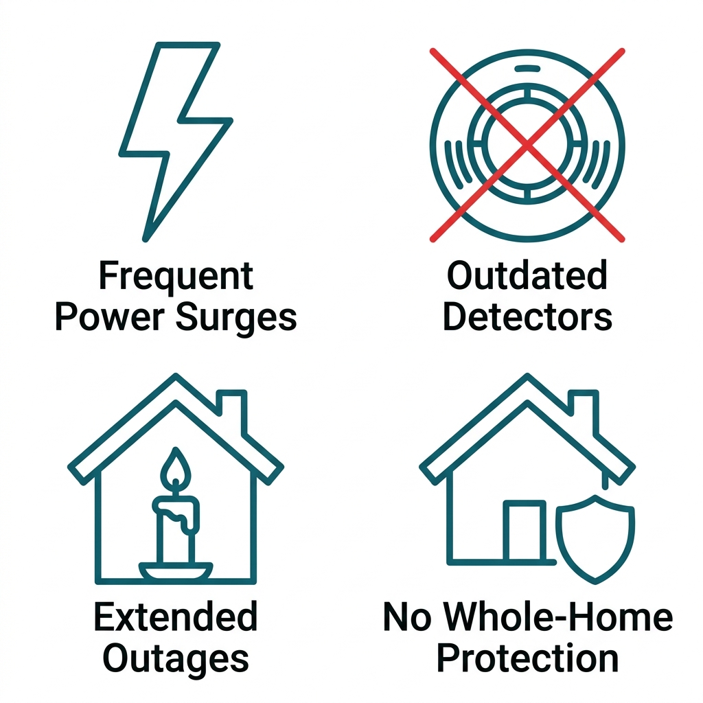 Grid of four outlined icons in teal on white: a lightning bolt labeled 'Frequent Power Surges', a smoke alarm with a red cross labeled 'Outdated Detectors', a dark house with a candle labeled 'Extended Outages', and a house missing a shield labeled 'No Whole-Home Protection'.