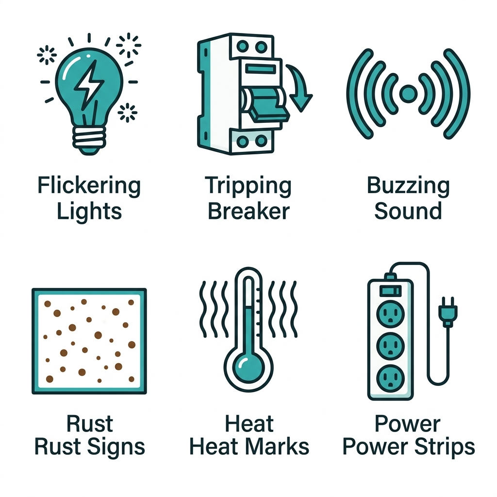Grid of 6 icons showing signs of needing an electrical panel upgrade: flickering lights, tripping breaker, buzzing sounds, rust, heat marks, and power strips.