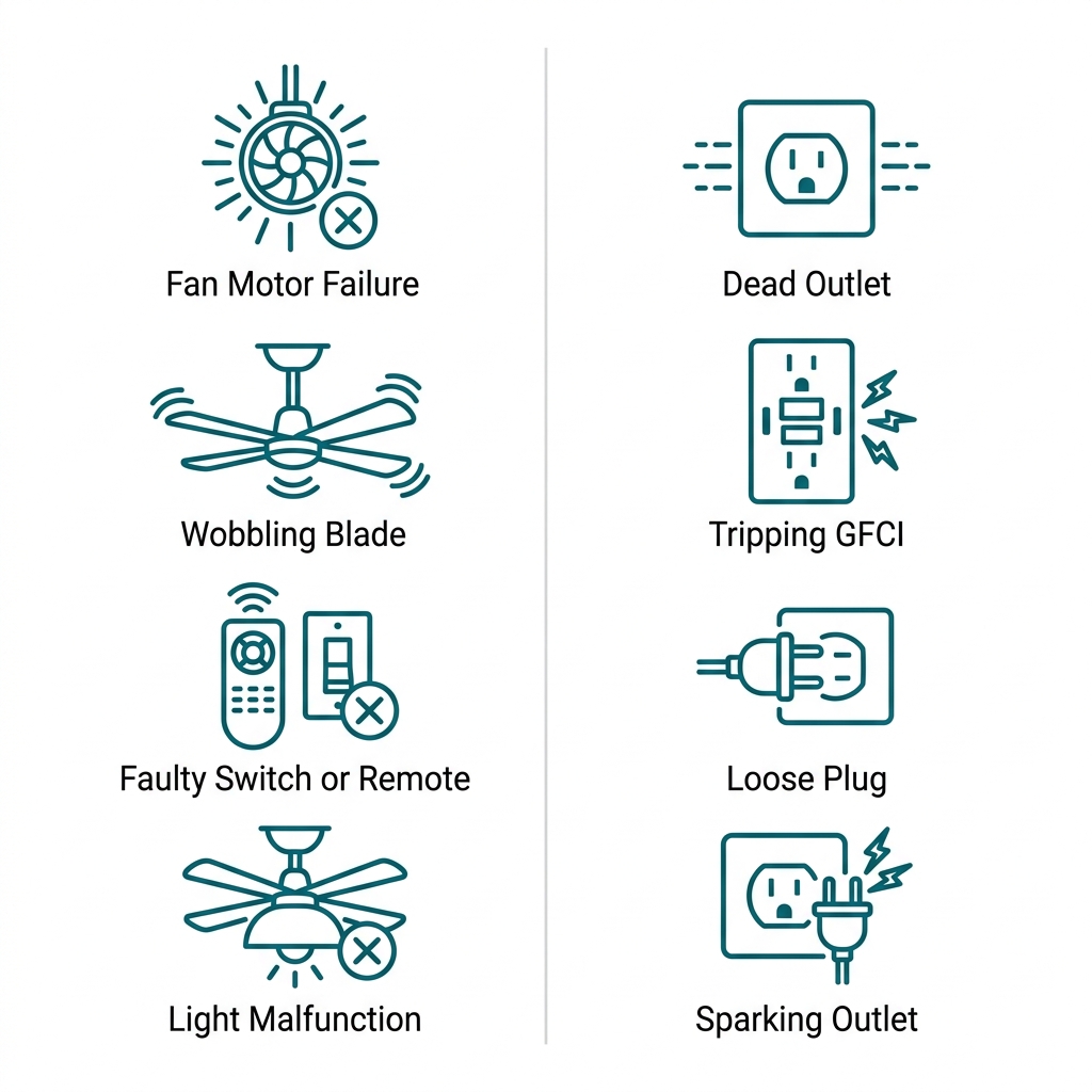 Icon grid showing ceiling fan and outlet repair types
