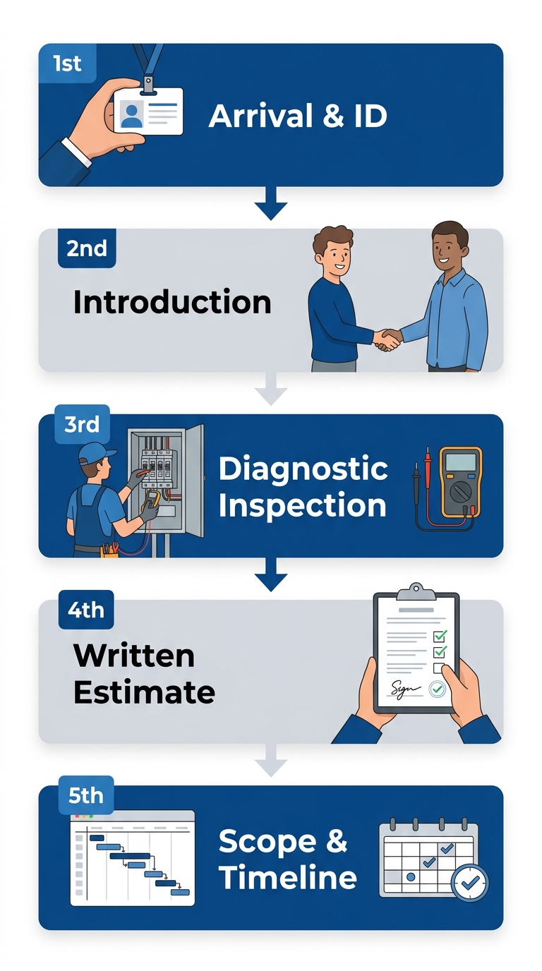 Five-step vertical process flow showing an electrician's visit: arrival, introduction, inspection, estimate, and explanation.