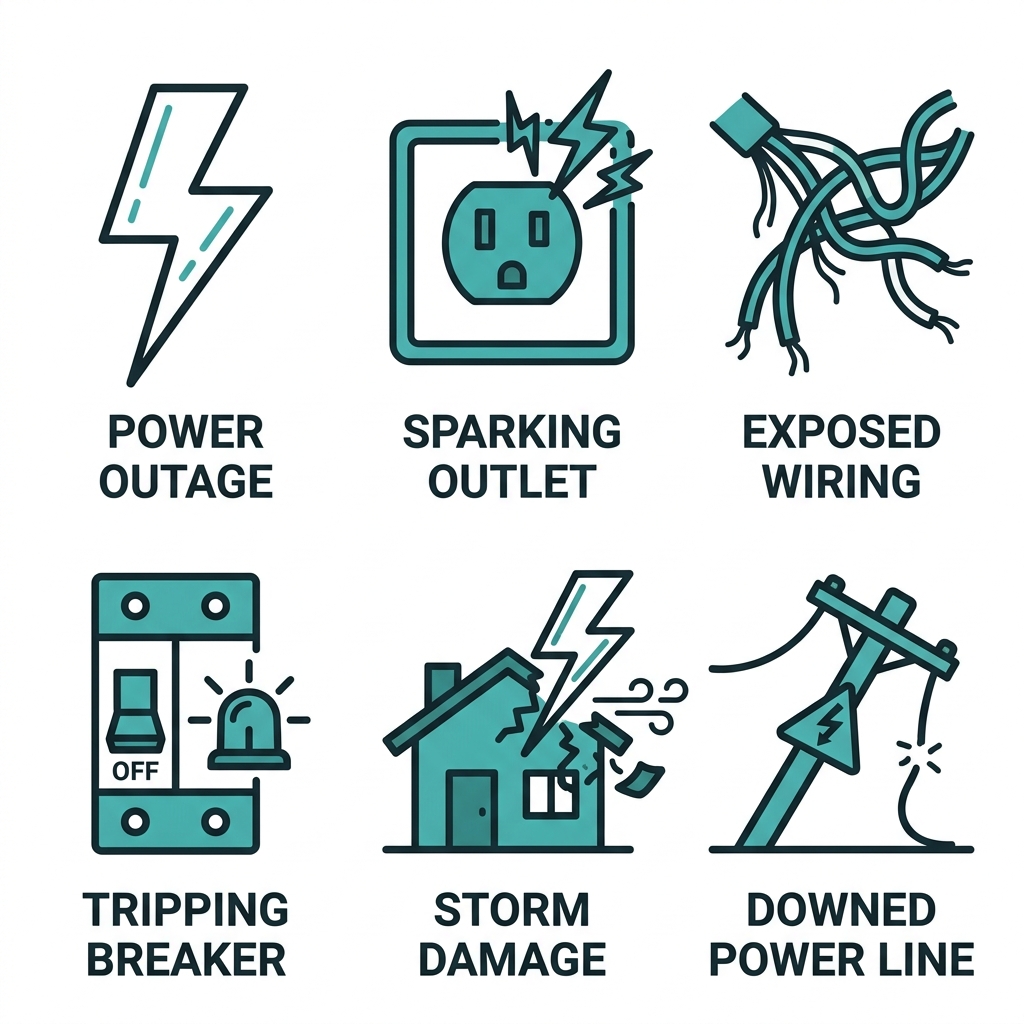 Grid of six flat outline icons representing common electrical emergencies: power outage, sparking outlet, exposed wiring, tripping breaker, storm damage, and downed power line.