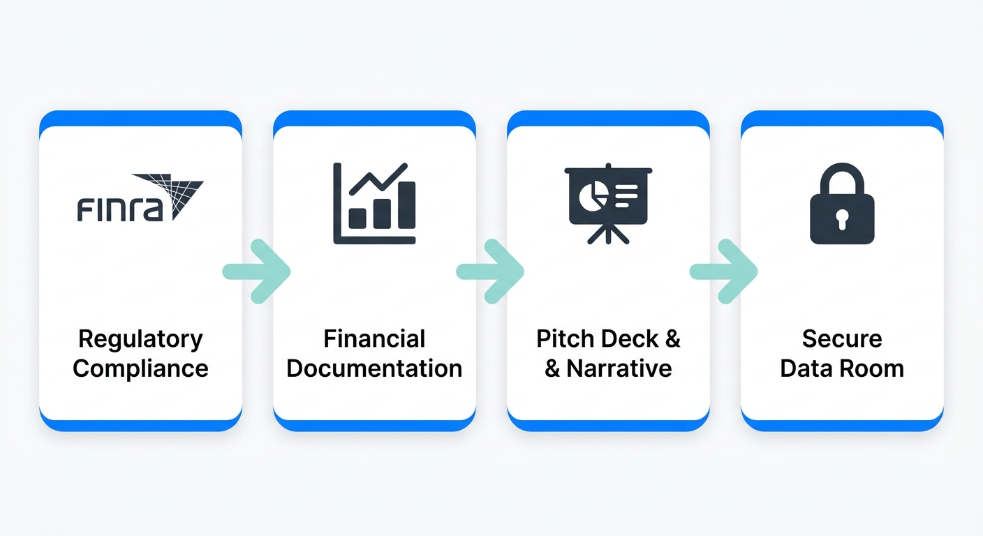 Essential preparation for fintech capital raising process flow with four stages showing regulatory compliance, financial documentation, pitch deck and narrative, and secure data room.