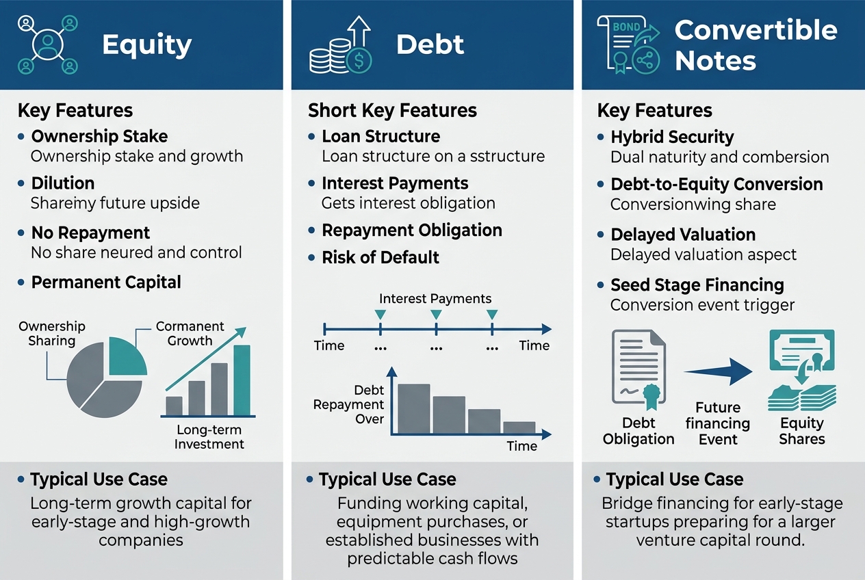 A three-column infographic comparing Equity, Debt, and Convertible Notes for fintech capital raising.