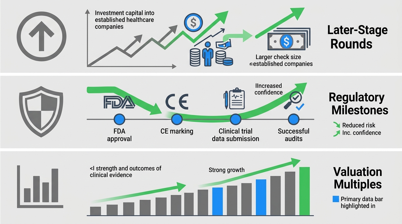 Infographic illustrating three medtech VC trends: shift to later-stage rounds with upward arrow, regulatory milestones with shield icon, and valuation multiples by clinical data with bar chart.
