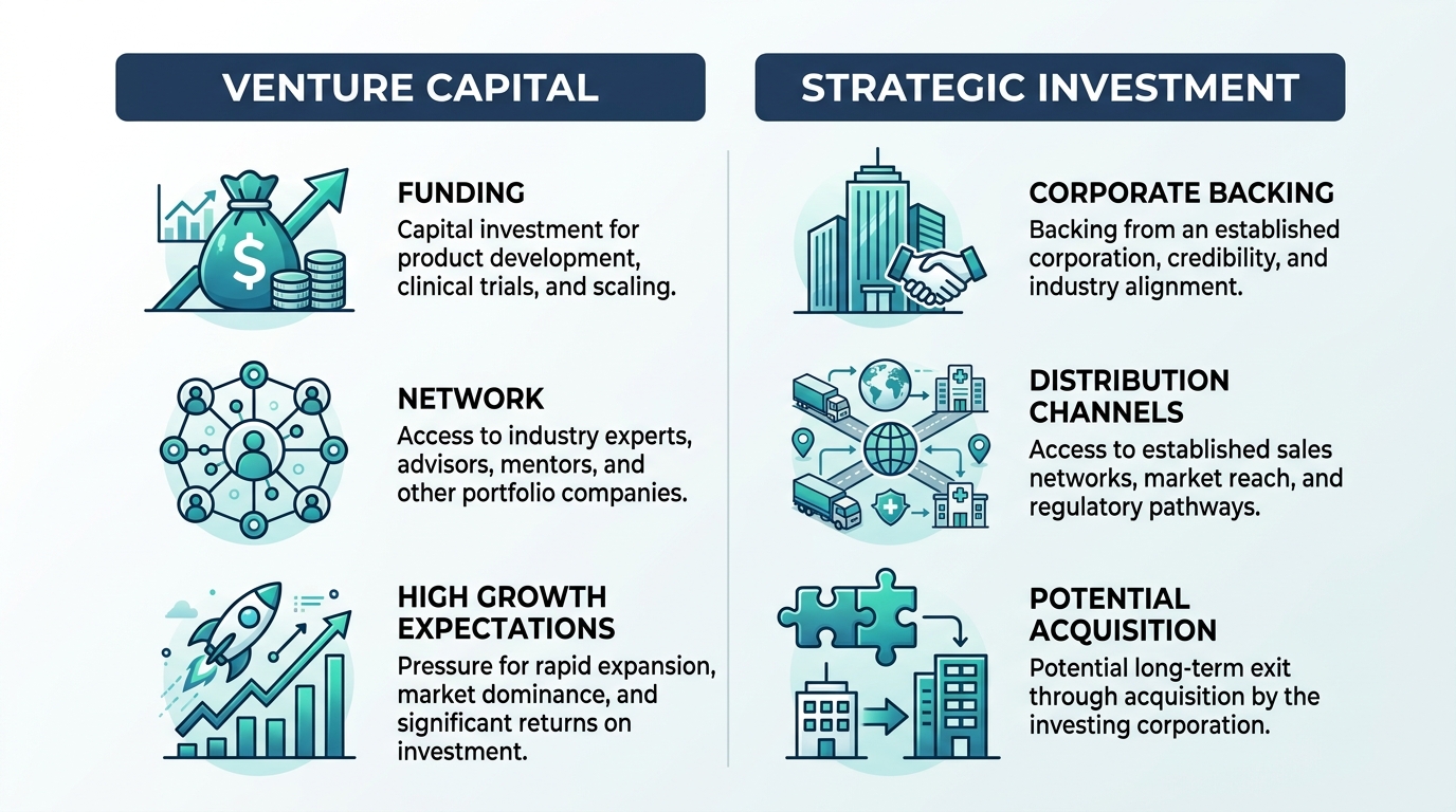 Comparison infographic contrasting venture capital and strategic investment for medtech startups.