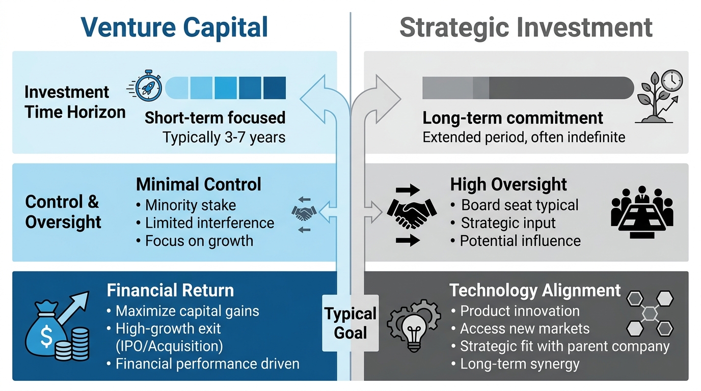 Comparison infographic showing Venture Capital on the left with a blue palette versus Strategic Investment on the right with a grey palette. Three rows compare Investment Time Horizon, Control & Oversight, and Typical Goal using bars, icons, and a central diverging arrow.