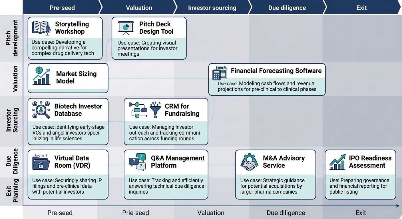 Infographic of ten capital raising tools mapped across drug delivery funding lifecycle from pre-seed to exit, with color-coded cards grouped by function and light connecting lines between stages.