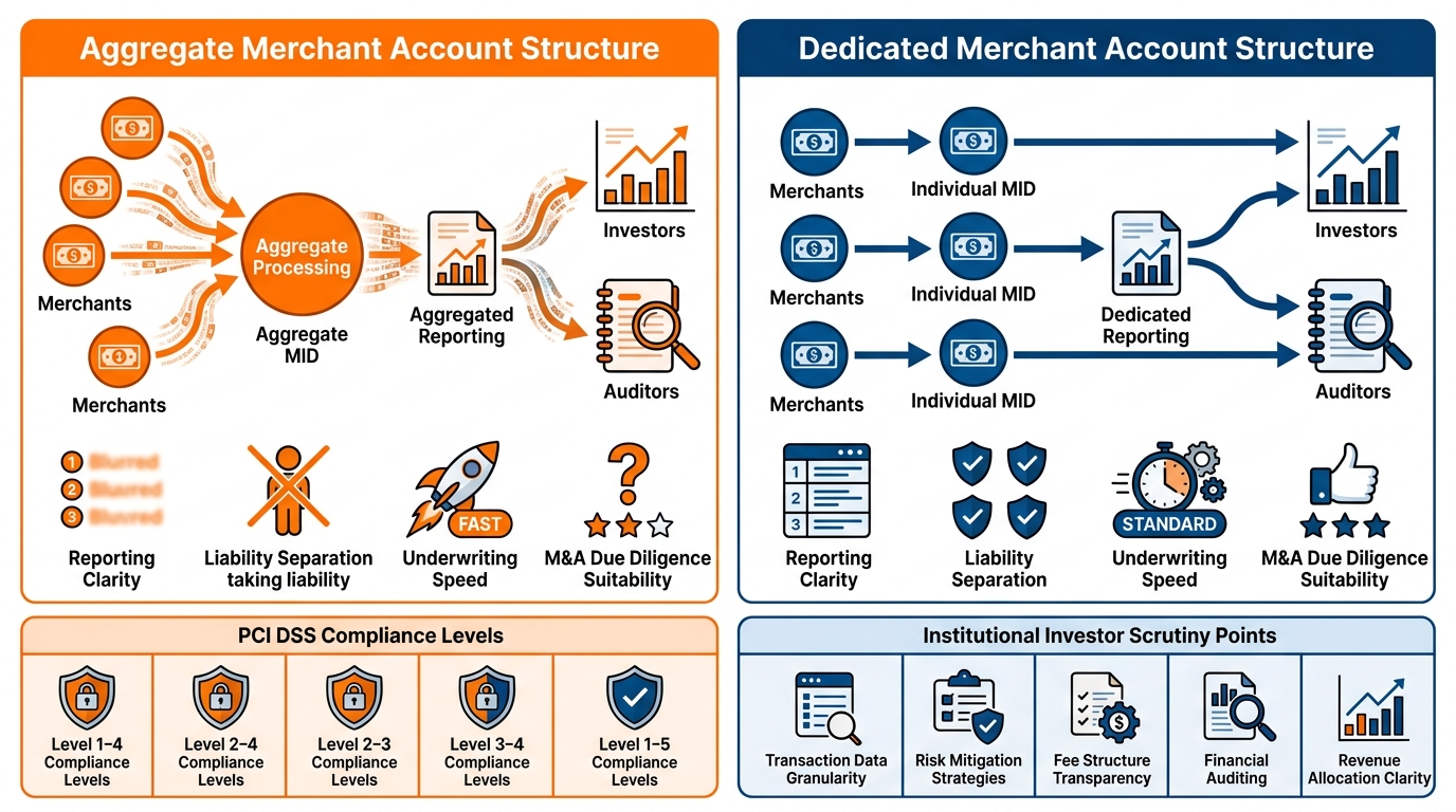 Comparison infographic: aggregate vs. dedicated merchant account structures for M&A due diligence