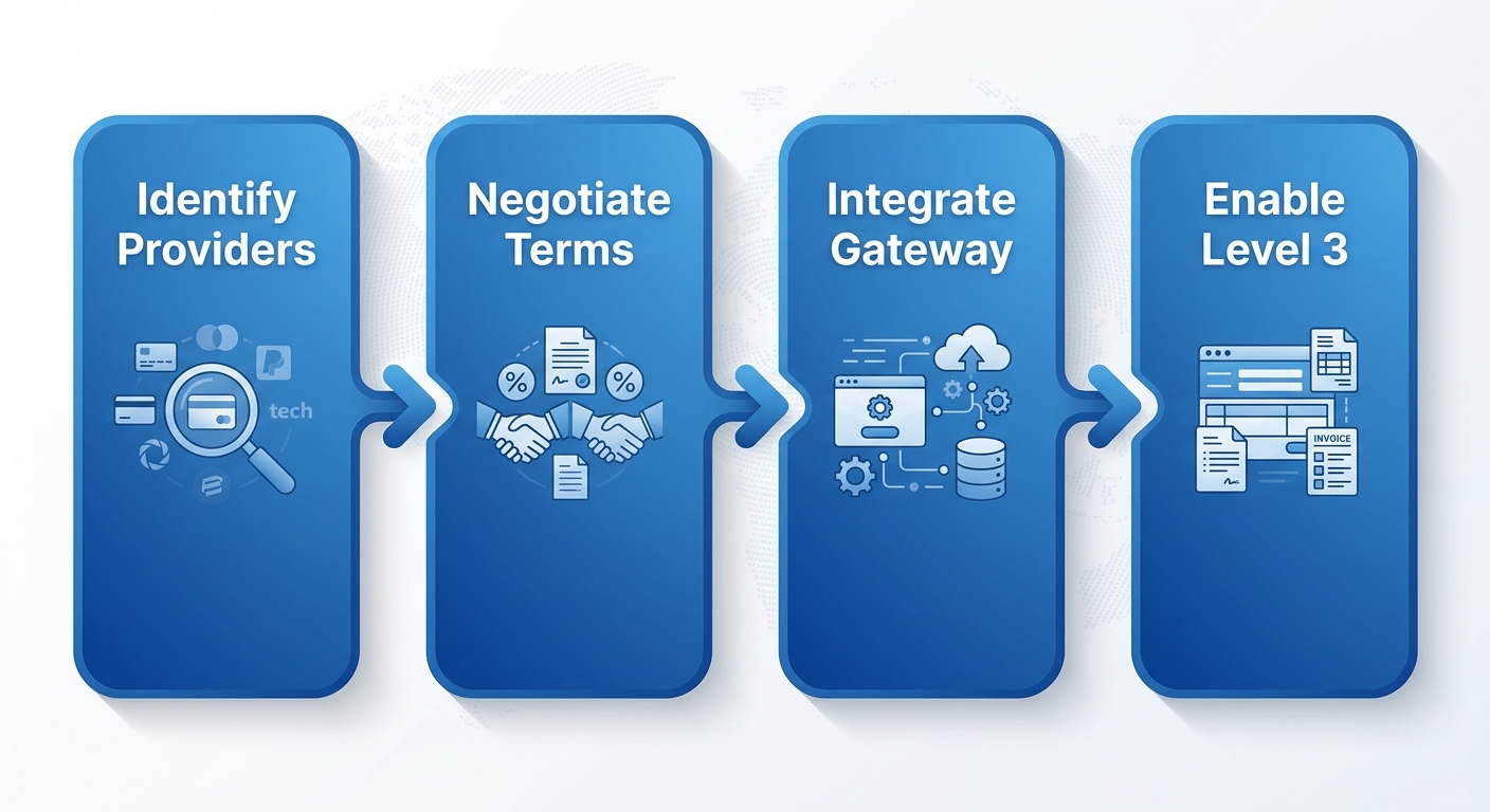Horizontal process flow of four sequential steps: Identify providers, negotiate terms, integrate gateway, and enable Level 3 processing