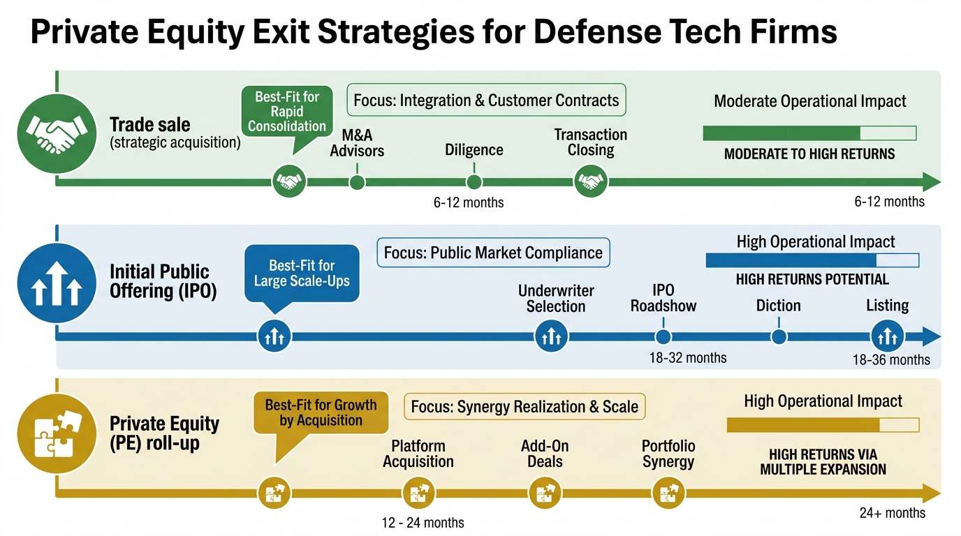 Comparative timeline of three private equity exit strategies for defense technology firms with color-coded lanes and qualitative return indicators