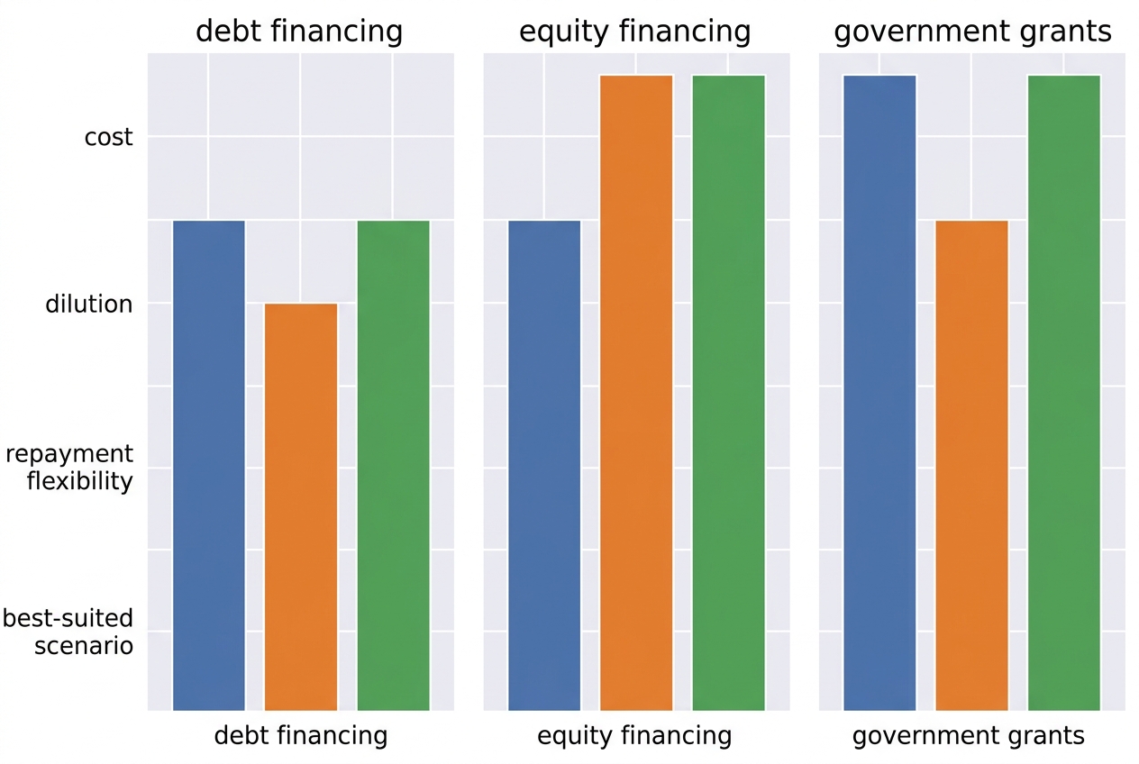 Visual breakdown of capital stack components for hardware startups comparing debt financing, equity financing, and government grants
